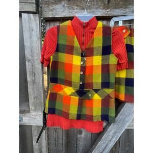 VTG 1970s Playmore wool blend orange plaid SKIRT VEST College Town mockneck